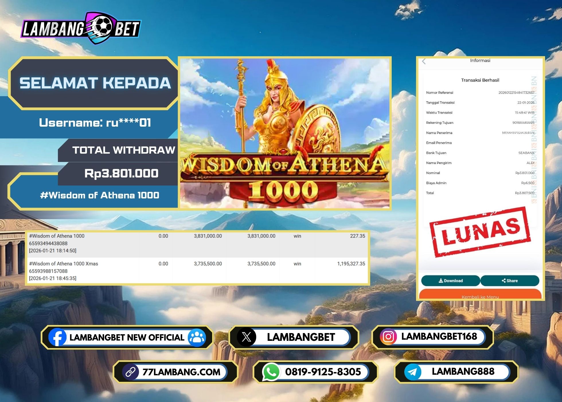 LAMBANGBET [22 JANUARI 2026] JACKPOT SLOT Wisdom of Athena 1000 "Rp3.801.000" LUNAS